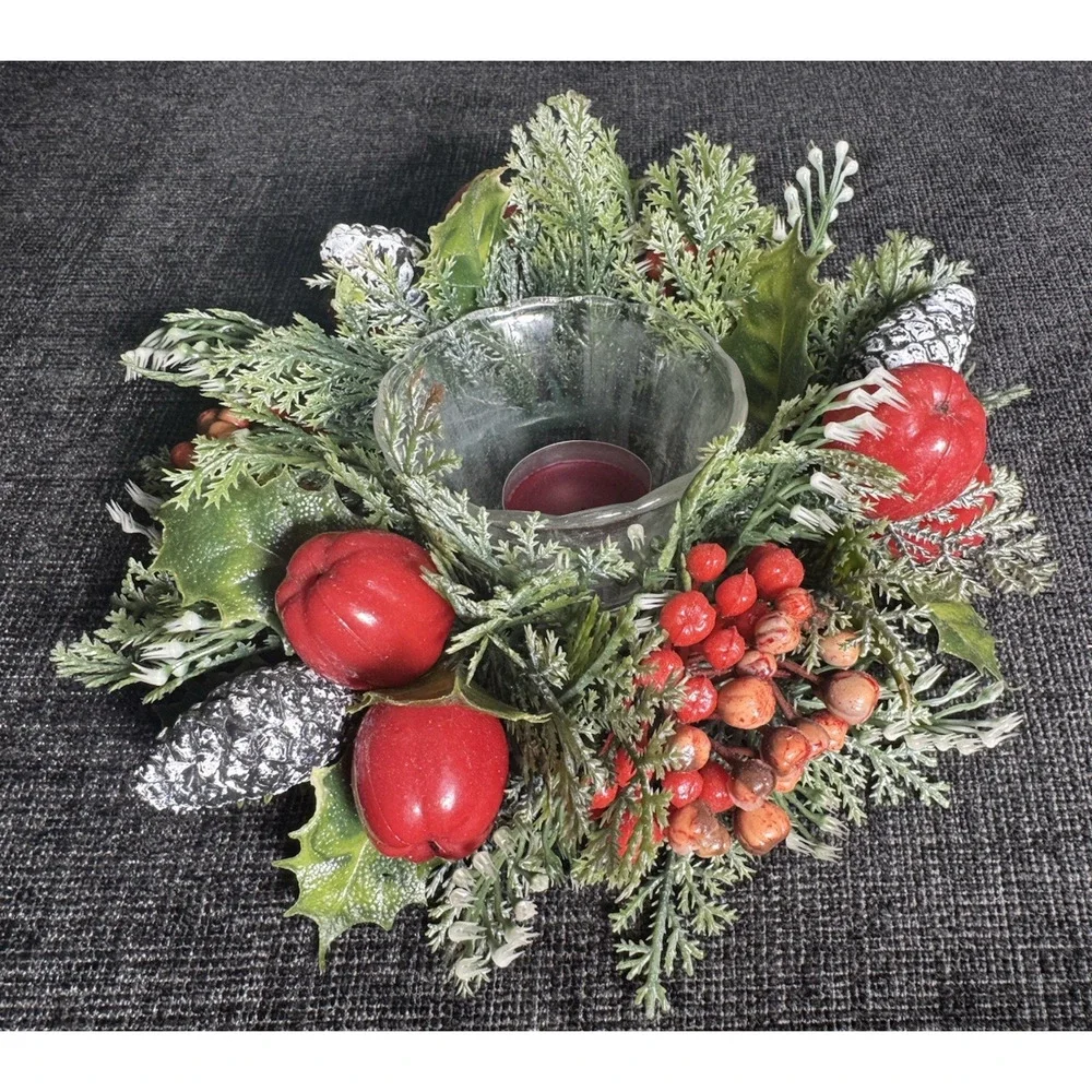 Fire King Candle Ring Plastic Christmas Pinecones Apples Holly And Berries